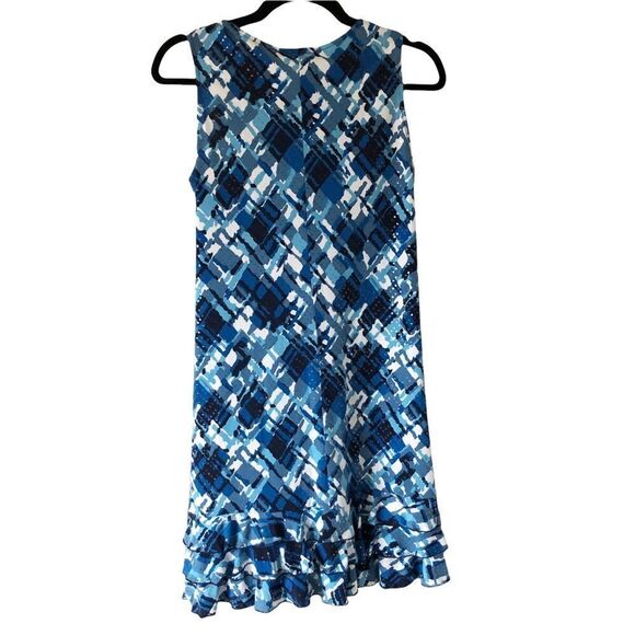 Dress Barn Blue/White Sleeveless Embellished A-line Ruffle Dress Size 4 - Picture 2 of 11